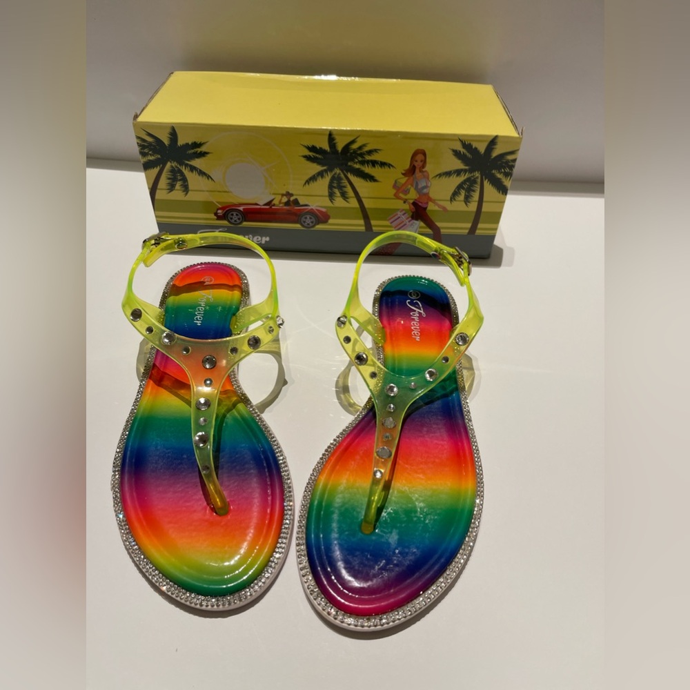 Forever Jelly Rainbow Sandals with Rhinestone Details. Size 6